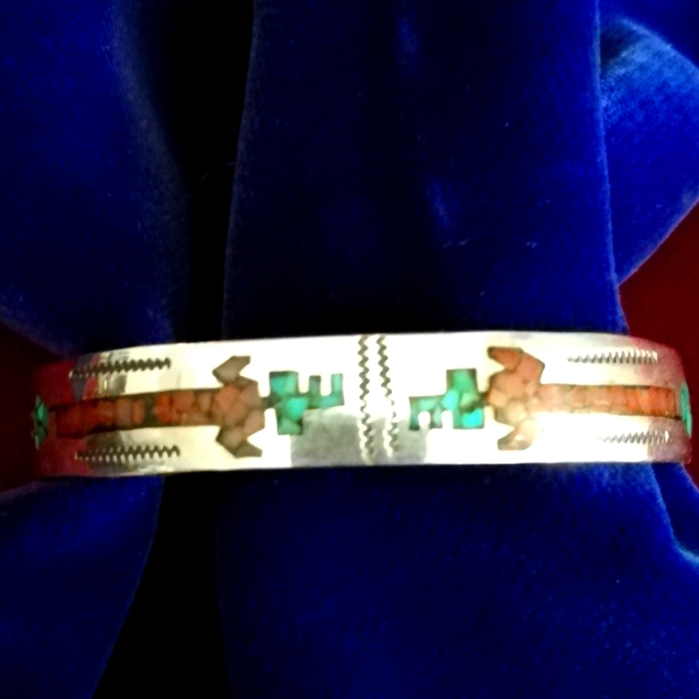 Vintage Silver Signed Inlaid Nakai Style Cuff Brac